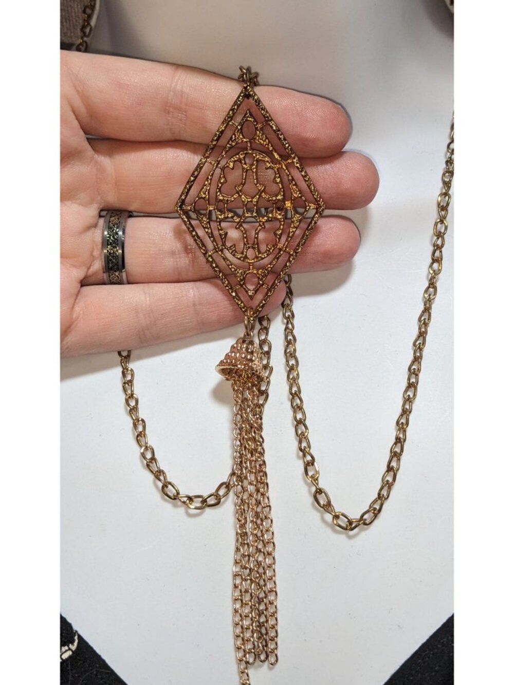 Boho Moroccan Filigree Gold Tone Tassel Long Statement Necklace